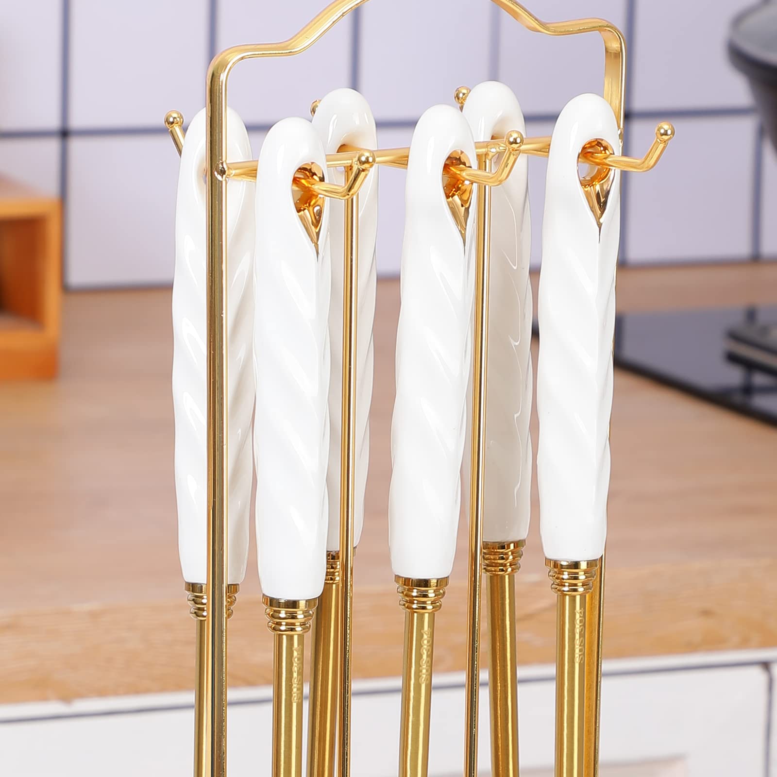 Cooking Utensils Set with Holder,7 PC 304 Stainless Steel High-Grade Gold Cooking Kitchen Utensil Set with Ceramic Handle,Spatula,Turner Spatula,Ladle,Serving Spoon,Slotted Spoon,Pasta Server (White)