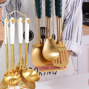 Cooking Utensils Set with Holder,7 PC 304 Stainless Steel High-Grade Gold Cooking Kitchen Utensil Set with Ceramic Handle,Spatula,Turner Spatula,Ladle,Serving Spoon,Slotted Spoon,Pasta Server (White)