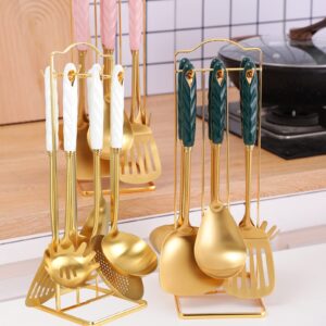 Cooking Utensils Set with Holder,7 PC 304 Stainless Steel High-Grade Gold Cooking Kitchen Utensil Set with Ceramic Handle,Spatula,Turner Spatula,Ladle,Serving Spoon,Slotted Spoon,Pasta Server (White)