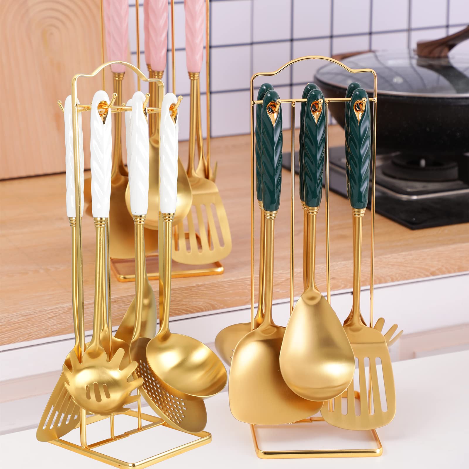 Cooking Utensils Set with Holder,7 PC 304 Stainless Steel High-Grade Gold Cooking Kitchen Utensil Set with Ceramic Handle,Spatula,Turner Spatula,Ladle,Serving Spoon,Slotted Spoon,Pasta Server (White)