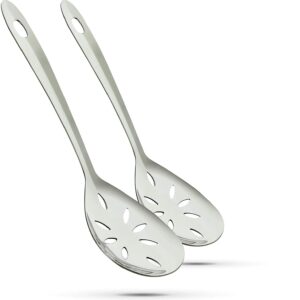 ram pro stainless steel slotted serving spoon mirror finish perfect for buffets and family style dinners features handle with hole for easy hanging (pack of 2)