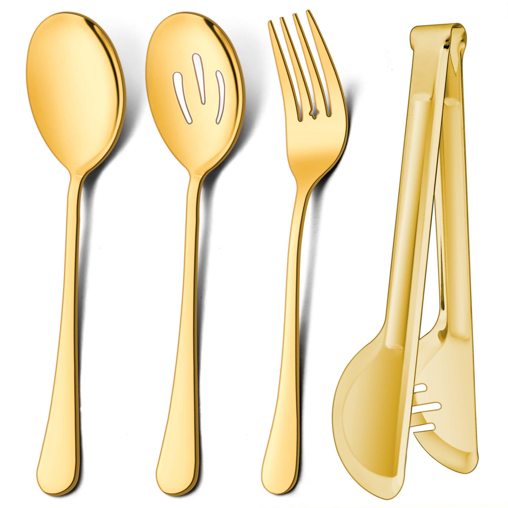 LIANYU 3 Large Gold Serving Spoons, 3 Gold Slotted Serving Spoons, 3 Gold Serving Forks, 3 Gold Serving Tongs, 9.8 Inch Stainless Steel Buffet Catering Serving Spoons Forks Set, Dishwasher Safe