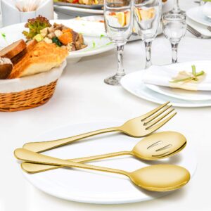 LIANYU 3 Large Gold Serving Spoons, 3 Gold Slotted Serving Spoons, 3 Gold Serving Forks, 3 Gold Serving Tongs, 9.8 Inch Stainless Steel Buffet Catering Serving Spoons Forks Set, Dishwasher Safe