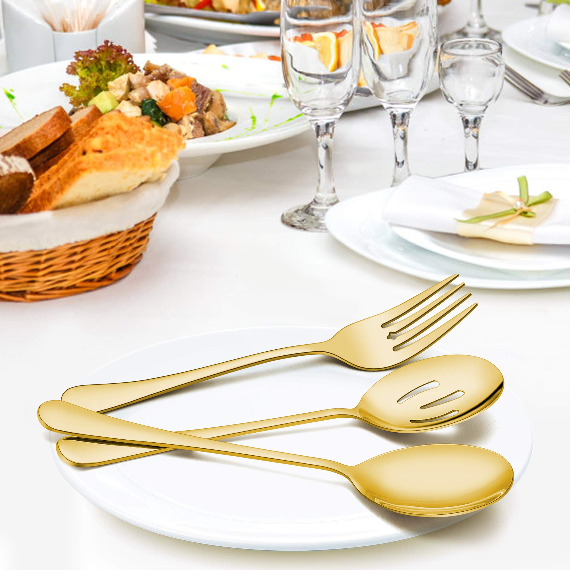 LIANYU 3 Large Gold Serving Spoons, 3 Gold Slotted Serving Spoons, 3 Gold Serving Forks, 3 Gold Serving Tongs, 9.8 Inch Stainless Steel Buffet Catering Serving Spoons Forks Set, Dishwasher Safe