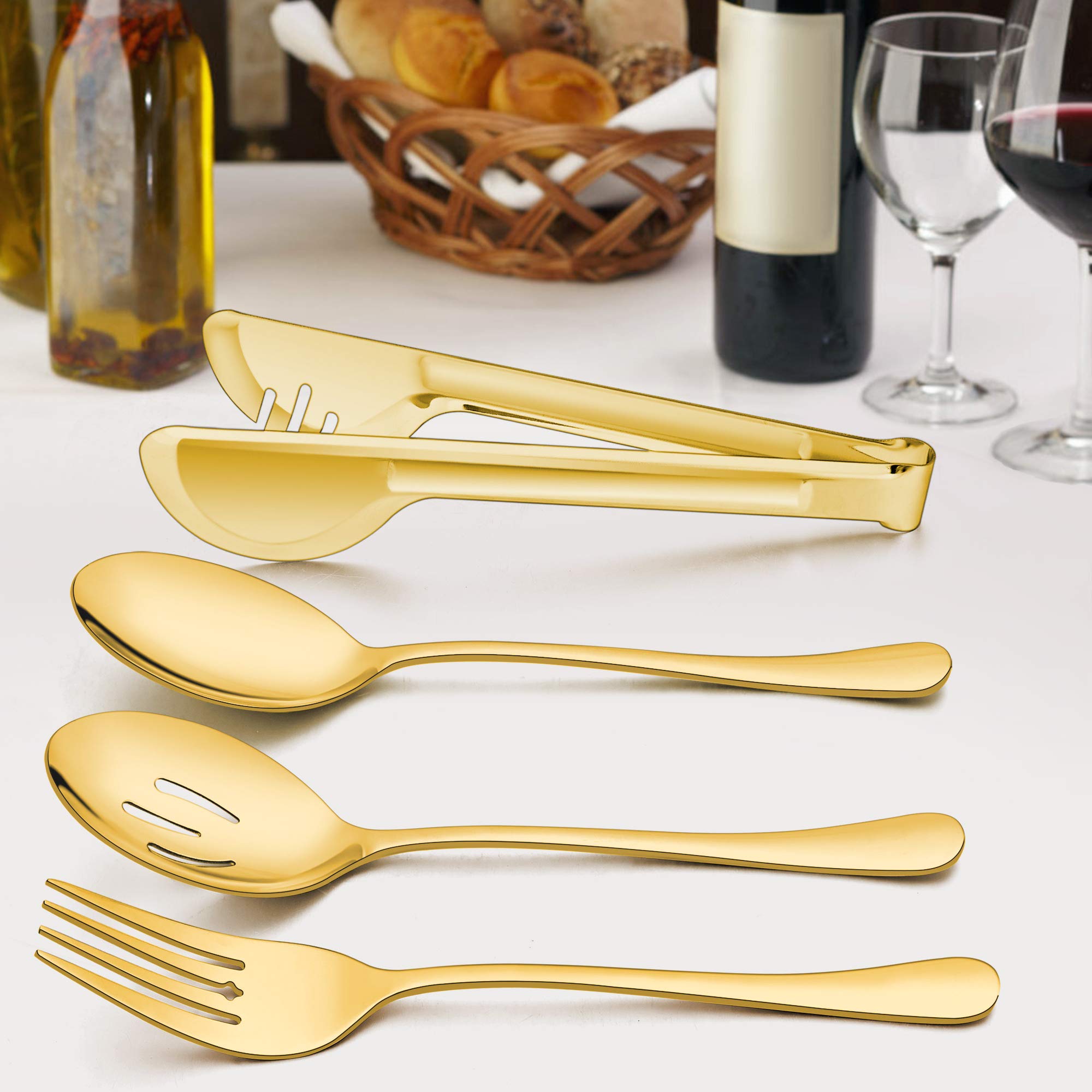 LIANYU 3 Large Gold Serving Spoons, 3 Gold Slotted Serving Spoons, 3 Gold Serving Forks, 3 Gold Serving Tongs, 9.8 Inch Stainless Steel Buffet Catering Serving Spoons Forks Set, Dishwasher Safe