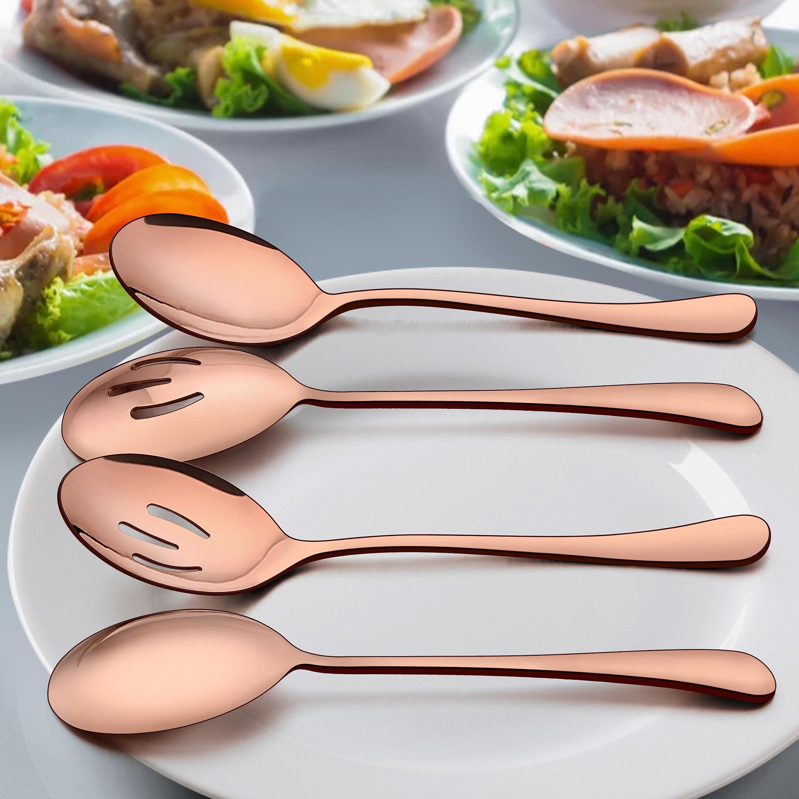 Homikit Stainless Steel 3 Copper Serving Spoons, 3 Slotted Serving Spoons, 3 Serving Forks, Metal Serving Utensils Hostess Set for Catering Dinner Party Buffet Banquet Restaurant, Dishwasher Safe