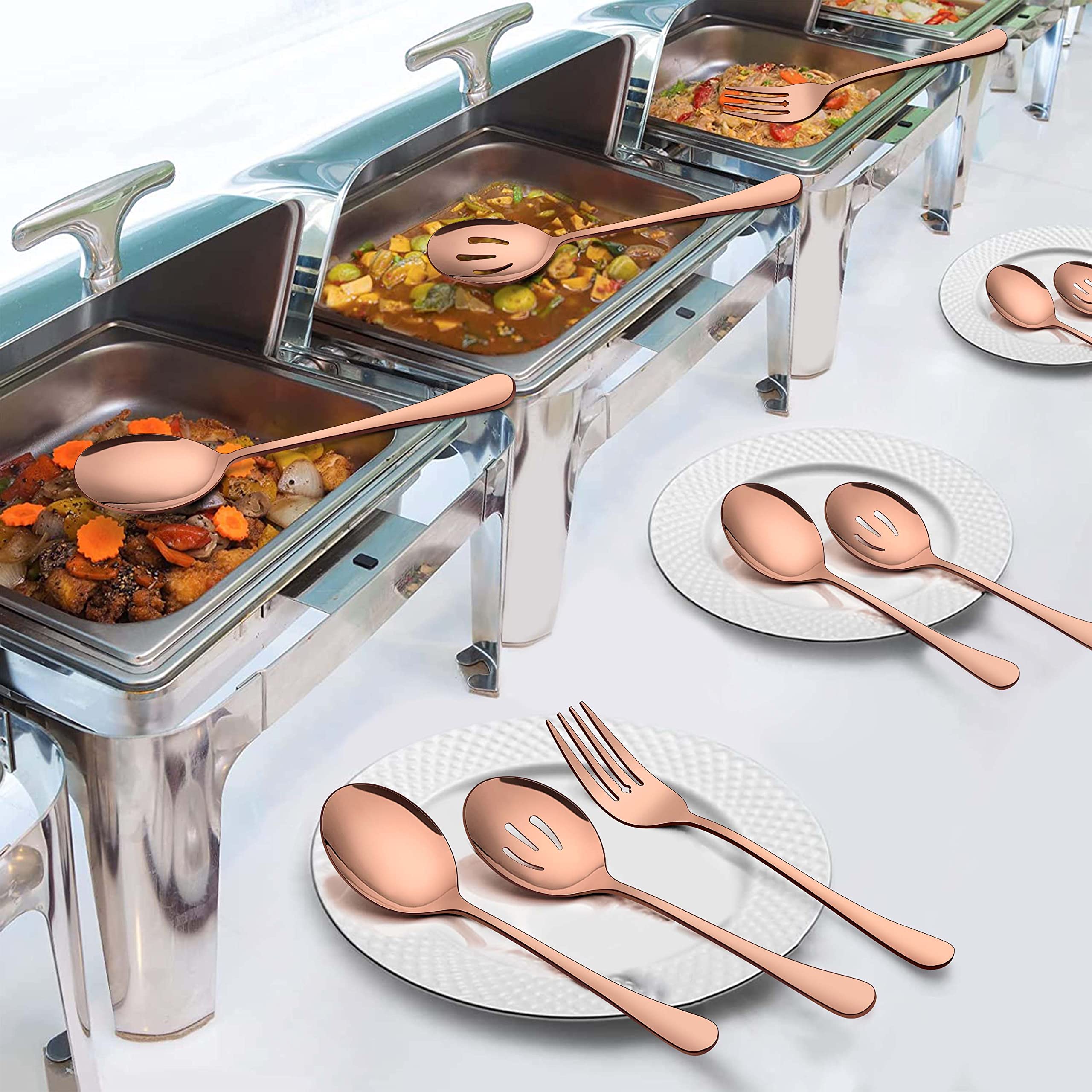 Homikit Stainless Steel 3 Copper Serving Spoons, 3 Slotted Serving Spoons, 3 Serving Forks, Metal Serving Utensils Hostess Set for Catering Dinner Party Buffet Banquet Restaurant, Dishwasher Safe