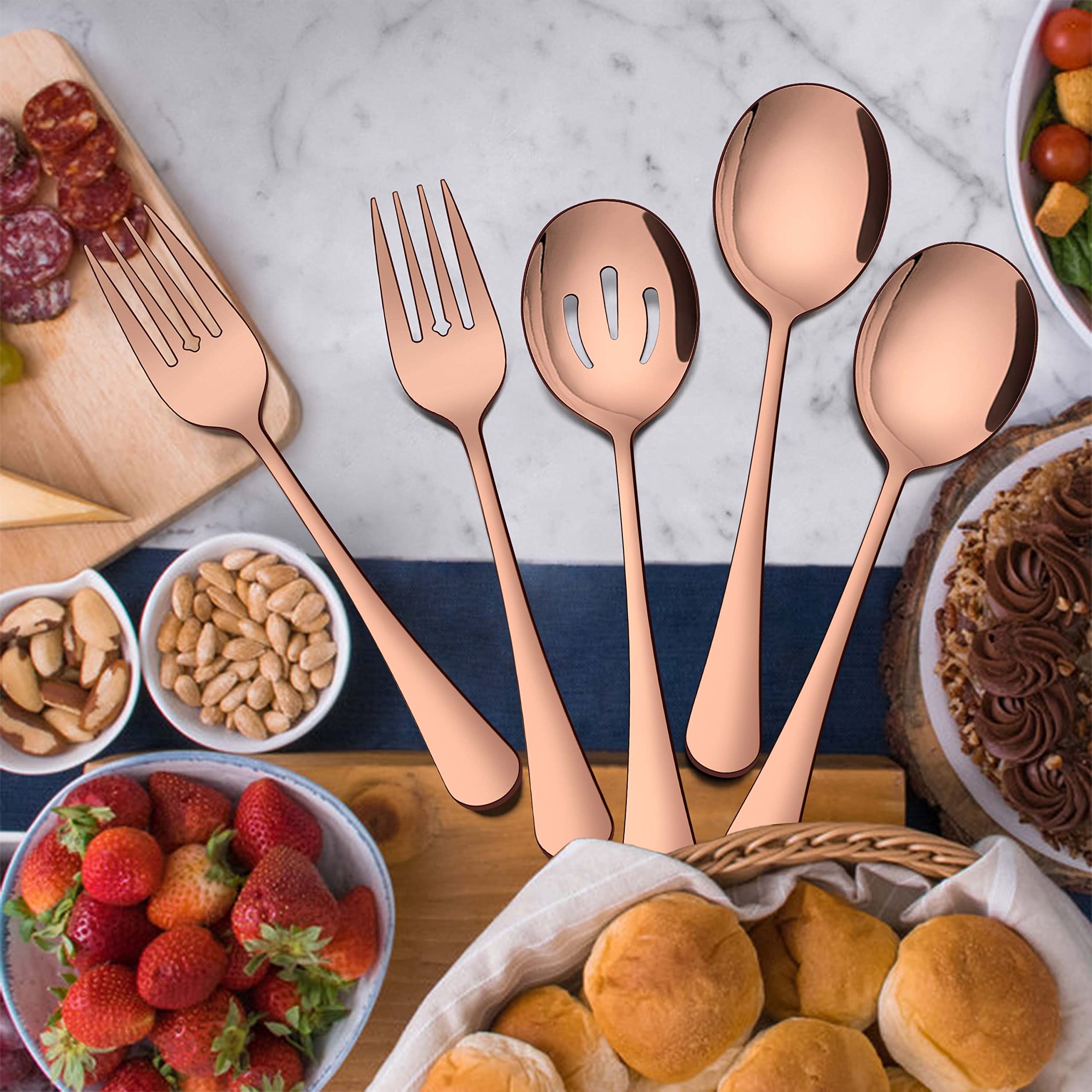 Homikit Stainless Steel 3 Copper Serving Spoons, 3 Slotted Serving Spoons, 3 Serving Forks, Metal Serving Utensils Hostess Set for Catering Dinner Party Buffet Banquet Restaurant, Dishwasher Safe