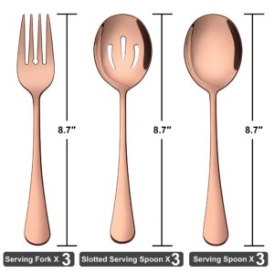 Homikit Stainless Steel 3 Copper Serving Spoons, 3 Slotted Serving Spoons, 3 Serving Forks, Metal Serving Utensils Hostess Set for Catering Dinner Party Buffet Banquet Restaurant, Dishwasher Safe