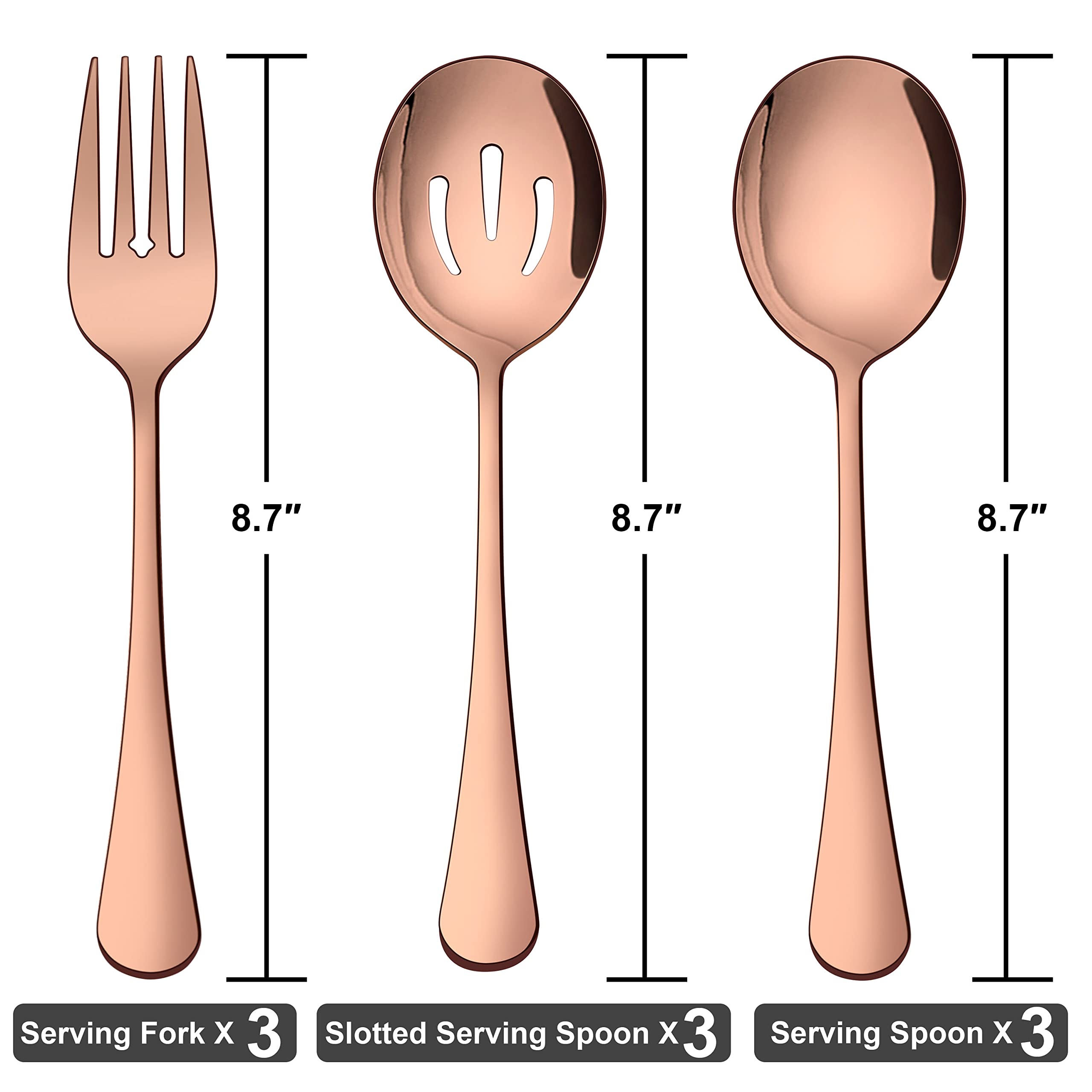 Homikit Stainless Steel 3 Copper Serving Spoons, 3 Slotted Serving Spoons, 3 Serving Forks, Metal Serving Utensils Hostess Set for Catering Dinner Party Buffet Banquet Restaurant, Dishwasher Safe