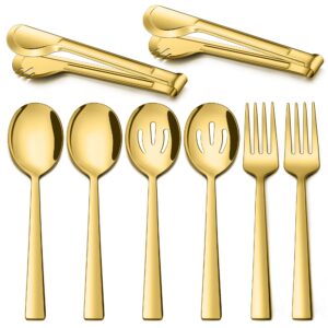 lianyu gold serving utensils set of 8, stainless steel serving spoons, slotted spoons, serving forks, metal tongs for kitchen buffet party banquet entertaining, mirror finished, dishwasher safe