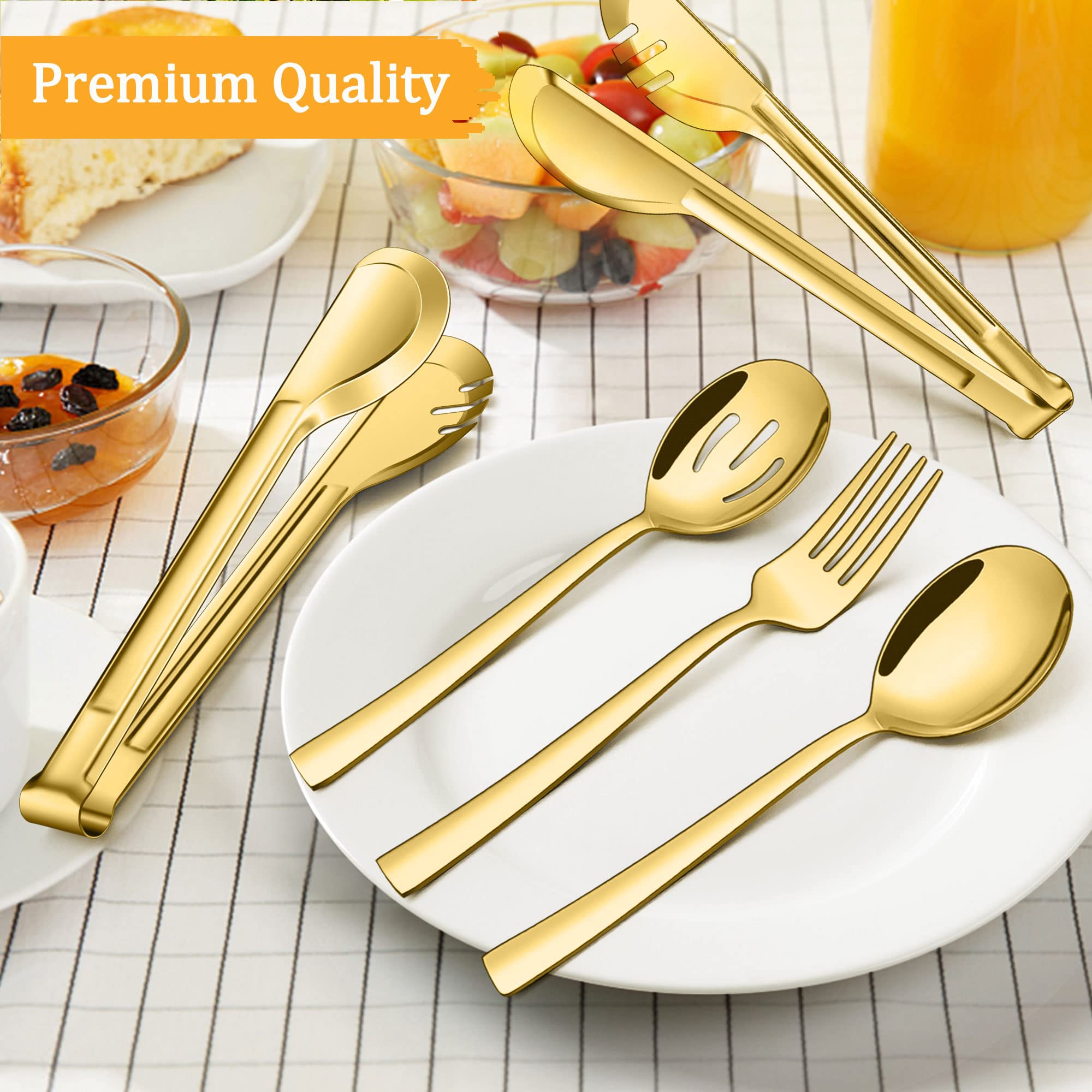 LIANYU Gold Serving Utensils Set of 8, Stainless Steel Serving Spoons, Slotted Spoons, Serving Forks, Metal Tongs for Kitchen Buffet Party Banquet Entertaining, Mirror Finished, Dishwasher Safe