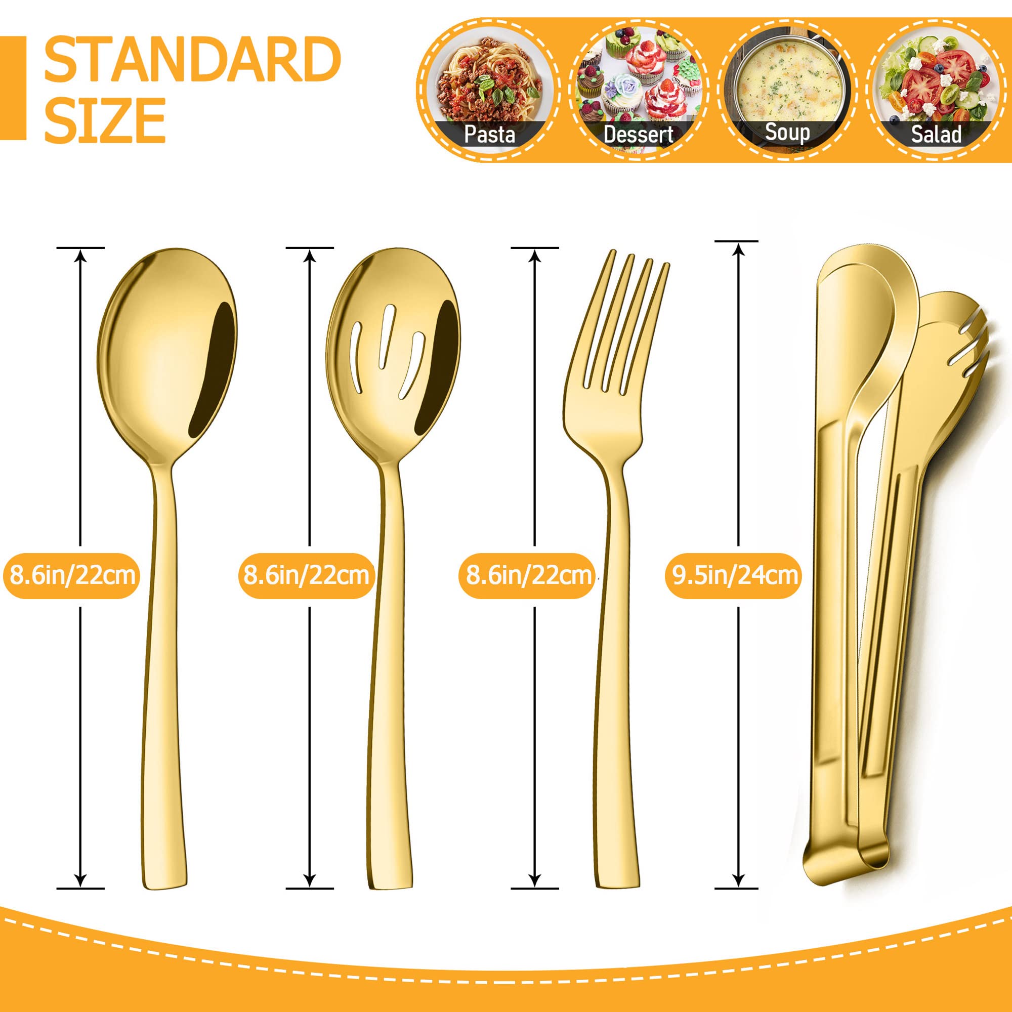 LIANYU Gold Serving Utensils Set of 8, Stainless Steel Serving Spoons, Slotted Spoons, Serving Forks, Metal Tongs for Kitchen Buffet Party Banquet Entertaining, Mirror Finished, Dishwasher Safe