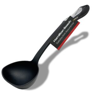 hamilton beach plastic ladle spoon for cooking | non-slip solid long nylon soft touch handle 13 inch | non-stick heat resistant | hygienic spatula spoon design for soups, stews, dressings - black