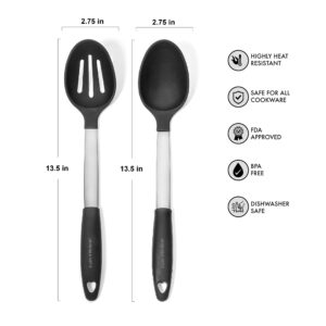 Daily Kitchen Cooking Spoons Set Heat Resistant Silicone and Stainless Steel Metal - Serving Spoon with Rubber Grip - Flexible Silicone Spoon for Non Stick Cookware – Spoons for Cooking – 2-Set