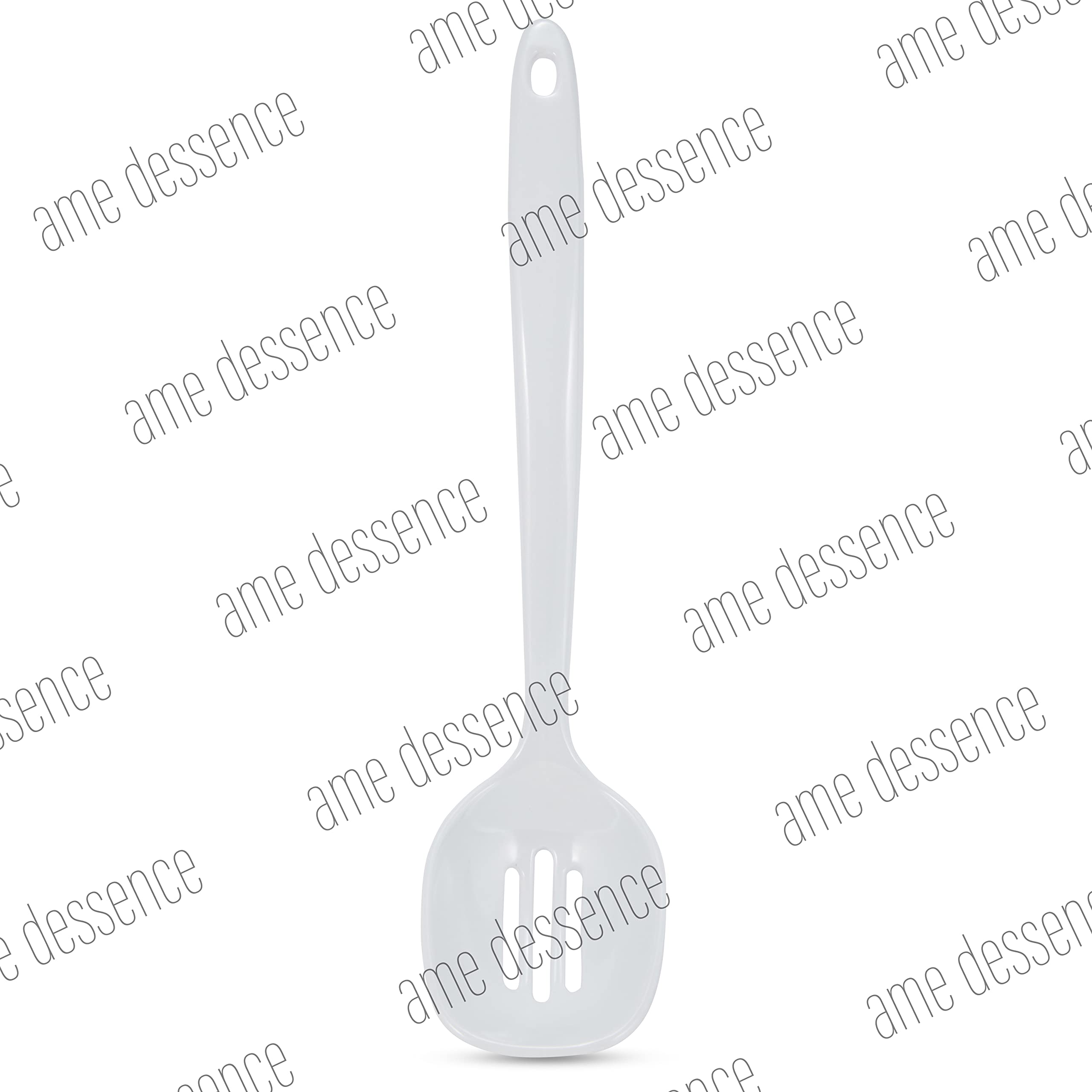 AME D'ESSENCE 12" Melamine Slotted Spoon White Durable and Versatile Kitchen Tool Perfect for Straining Stirring Serving Scratch-Resistant and Non-Stick Surface Ergonomic Handle for Comfortable Grip