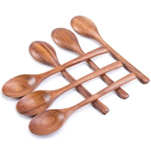 haksen 8 inch wooden spoon set, 6pcs oval wooden mixing spoons long handle spoons nonstick japanese style kitchen utensils for home kitchen cooking stirring sauce coffee soup iced tea coconut bowl pot