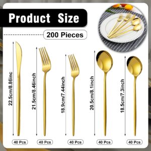 200 Pieces Gold Silverware Set Stainless Steel Flatware Set Cutlery Set with Knives Spoons and Forks Set Portable Reusable Gold Utensils Set for Home Restaurant Apartment and Kitchen, Service for 40