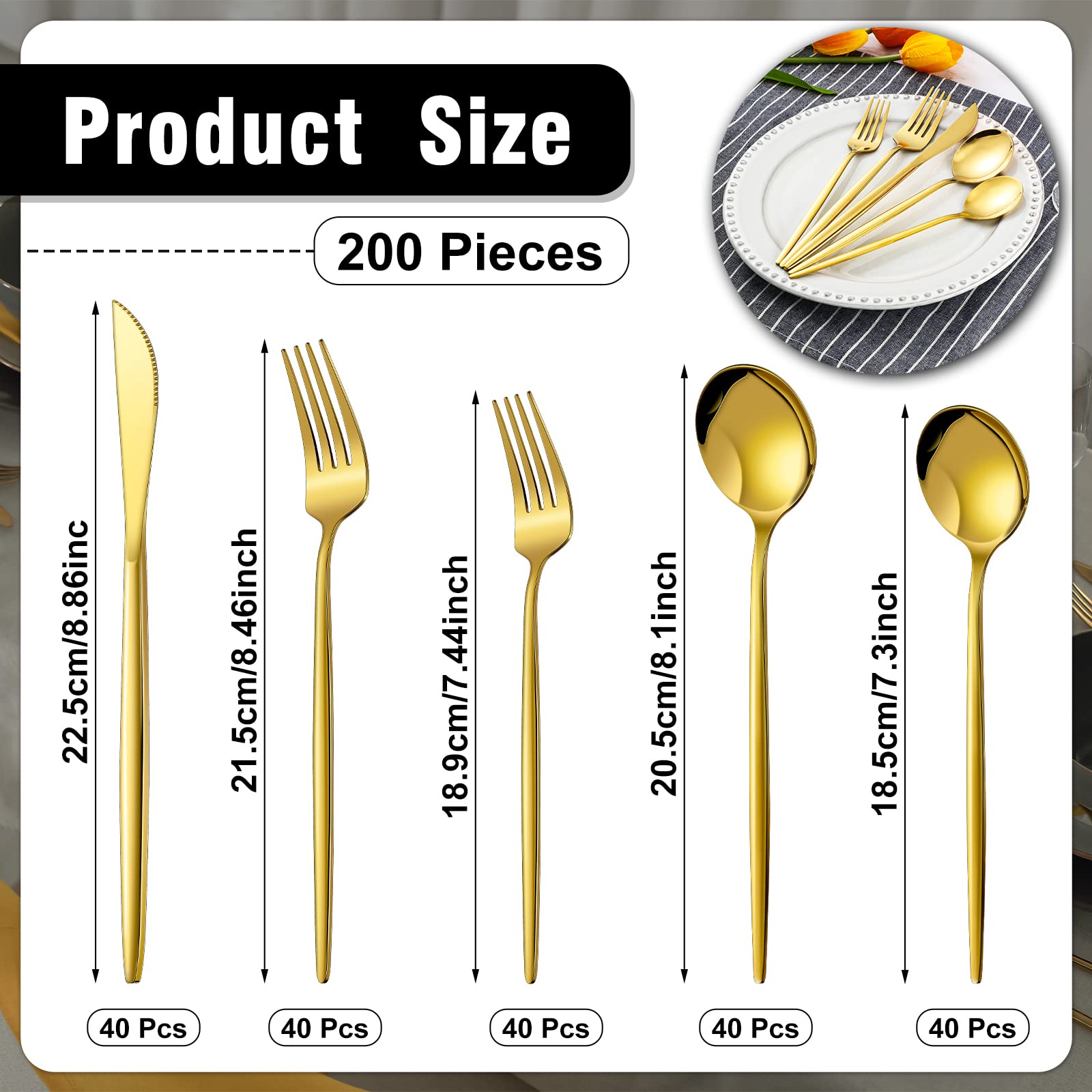 200 Pieces Gold Silverware Set Stainless Steel Flatware Set Cutlery Set with Knives Spoons and Forks Set Portable Reusable Gold Utensils Set for Home Restaurant Apartment and Kitchen, Service for 40