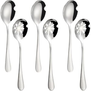 Dadamong Serving Spoons x 3, Slotted Spoons x 3, Mirror Polished Stainless Steel Buffet Serving Utensils 7.8 Inches inches Skimmer Perforated for Buffet Can Banquet Cooking Kitchen Basics