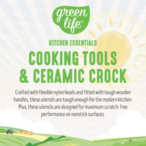 GreenLife Cooking Tools and Utensils, 7 Piece Nylon and Wood Kitchen Set with Ceramic Crock Holder, Heat Resistant Spatula and Spoons, BPA-Free, Black