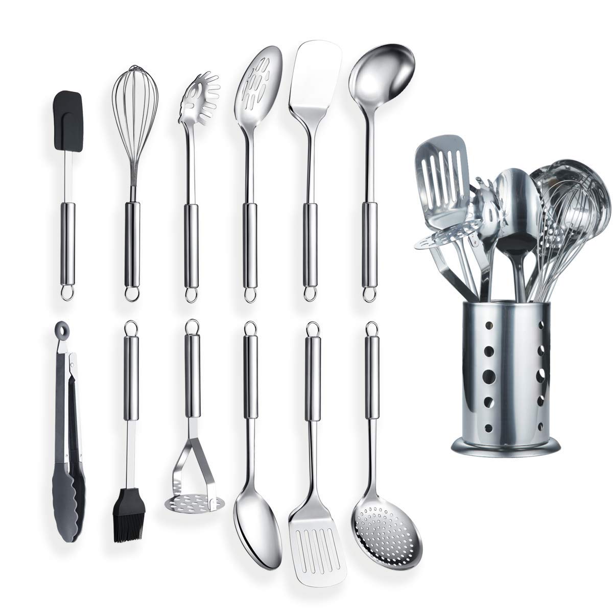 Berglander Cooking Utensil Set 13 Piece Stainless Steel Kitchen Tool Set with Holder, Include Cooking Spoon, Spatula, Whisk, Cooking Tong and etc. (13 Pieces)