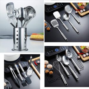 Berglander Cooking Utensil Set 13 Piece Stainless Steel Kitchen Tool Set with Holder, Include Cooking Spoon, Spatula, Whisk, Cooking Tong and etc. (13 Pieces)