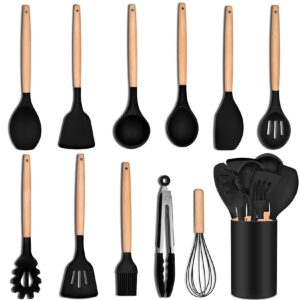 12pcs cooking kitchen utensils, p&p chef silicone utensil head with wooden handle, turner, ladle, spoon, spatula, tong, brush, and holder, heat-resistant & non-scratch, non-toxic & non smell, (black)