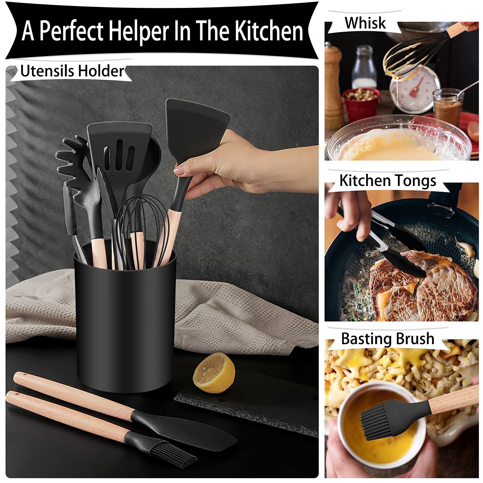 12PCS Cooking Kitchen Utensils, P&P CHEF Silicone Utensil Head with Wooden Handle, Turner, Ladle, Spoon, Spatula, Tong, Brush, and Holder, Heat-resistant & Non-scratch, Non-toxic & Non Smell, (Black)