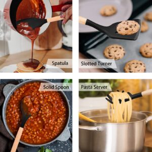 12PCS Cooking Kitchen Utensils, P&P CHEF Silicone Utensil Head with Wooden Handle, Turner, Ladle, Spoon, Spatula, Tong, Brush, and Holder, Heat-resistant & Non-scratch, Non-toxic & Non Smell, (Black)