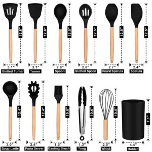 12PCS Cooking Kitchen Utensils, P&P CHEF Silicone Utensil Head with Wooden Handle, Turner, Ladle, Spoon, Spatula, Tong, Brush, and Holder, Heat-resistant & Non-scratch, Non-toxic & Non Smell, (Black)