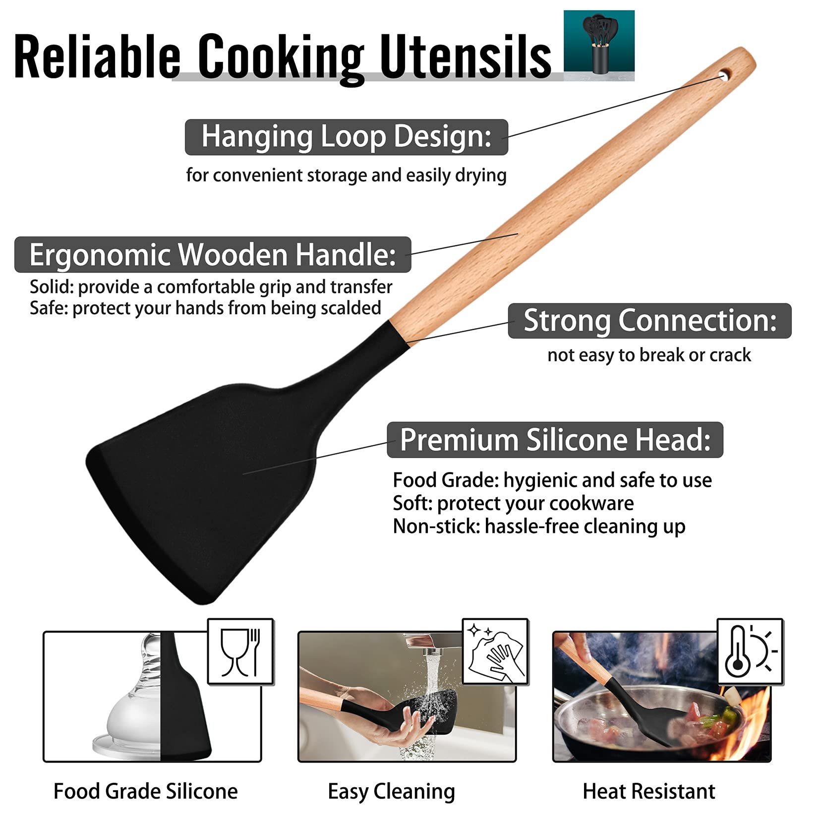 12PCS Cooking Kitchen Utensils, P&P CHEF Silicone Utensil Head with Wooden Handle, Turner, Ladle, Spoon, Spatula, Tong, Brush, and Holder, Heat-resistant & Non-scratch, Non-toxic & Non Smell, (Black)