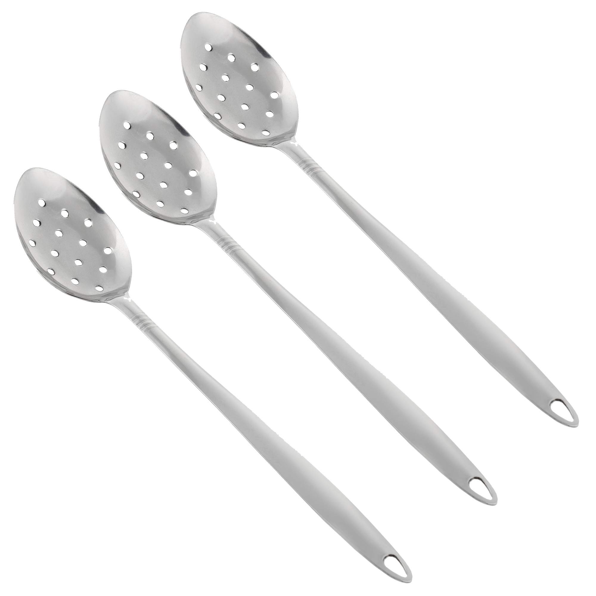 Stainless Steel Slotted Serving Spoon - Pack of 3 - Large Metal Cooking Spoon with Holes - Long Handle Perforated Metal Spoon