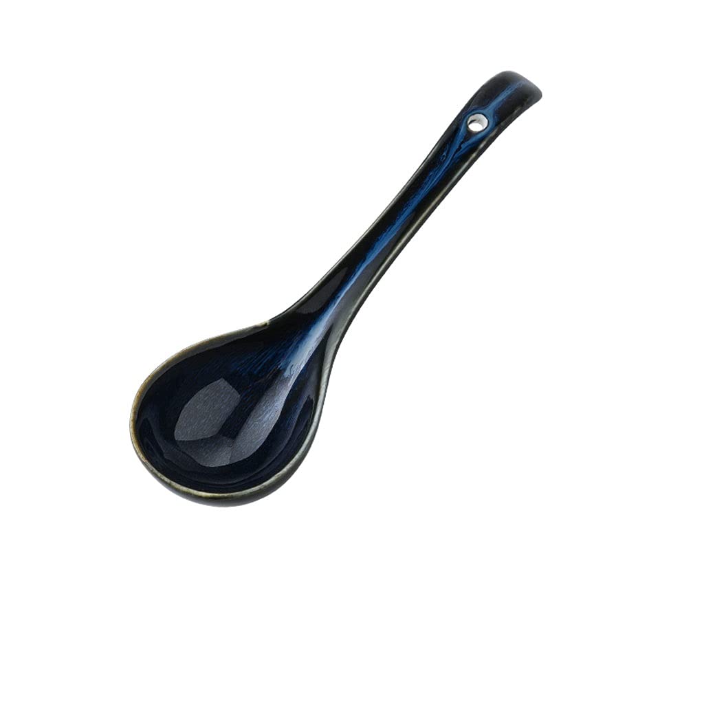 Spoons Silverware Large Soup Spoon Ceramic Spoon Long-handled Spoon Under Glaze Cake Dessert Spoon Suitable for Home Use Two-piece Spoon Set (Color : Black)