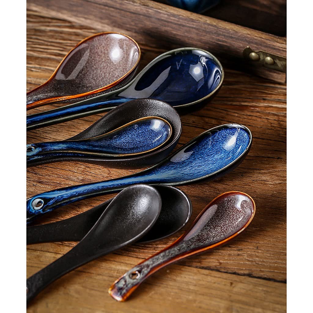 Spoons Silverware Large Soup Spoon Ceramic Spoon Long-handled Spoon Under Glaze Cake Dessert Spoon Suitable for Home Use Two-piece Spoon Set (Color : Black)