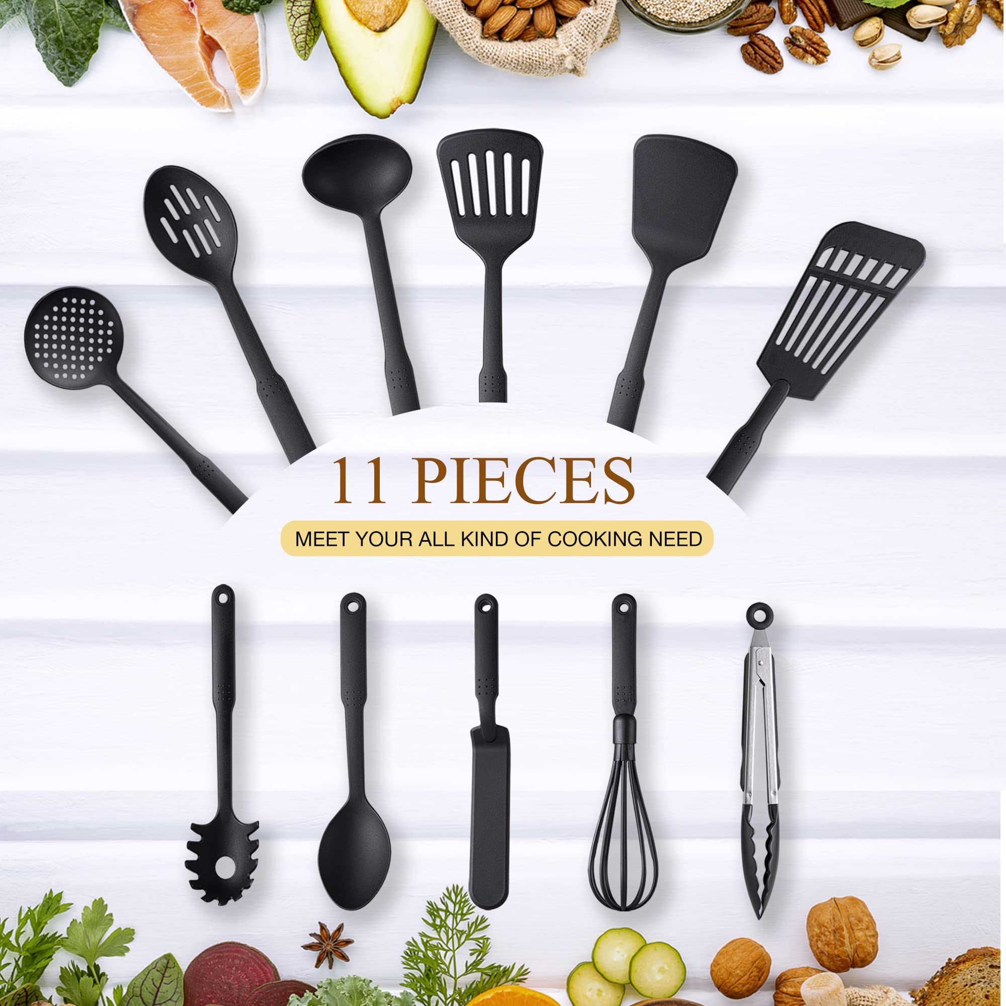 Kitchen Utensils Set of 11 Pcs, Nylon Utensils Set, Non-Stick Cooking Utensils Set 410°F Heat Resistant, Kitchen Gadgets Accessories Tools for Cookware (BPA Free)