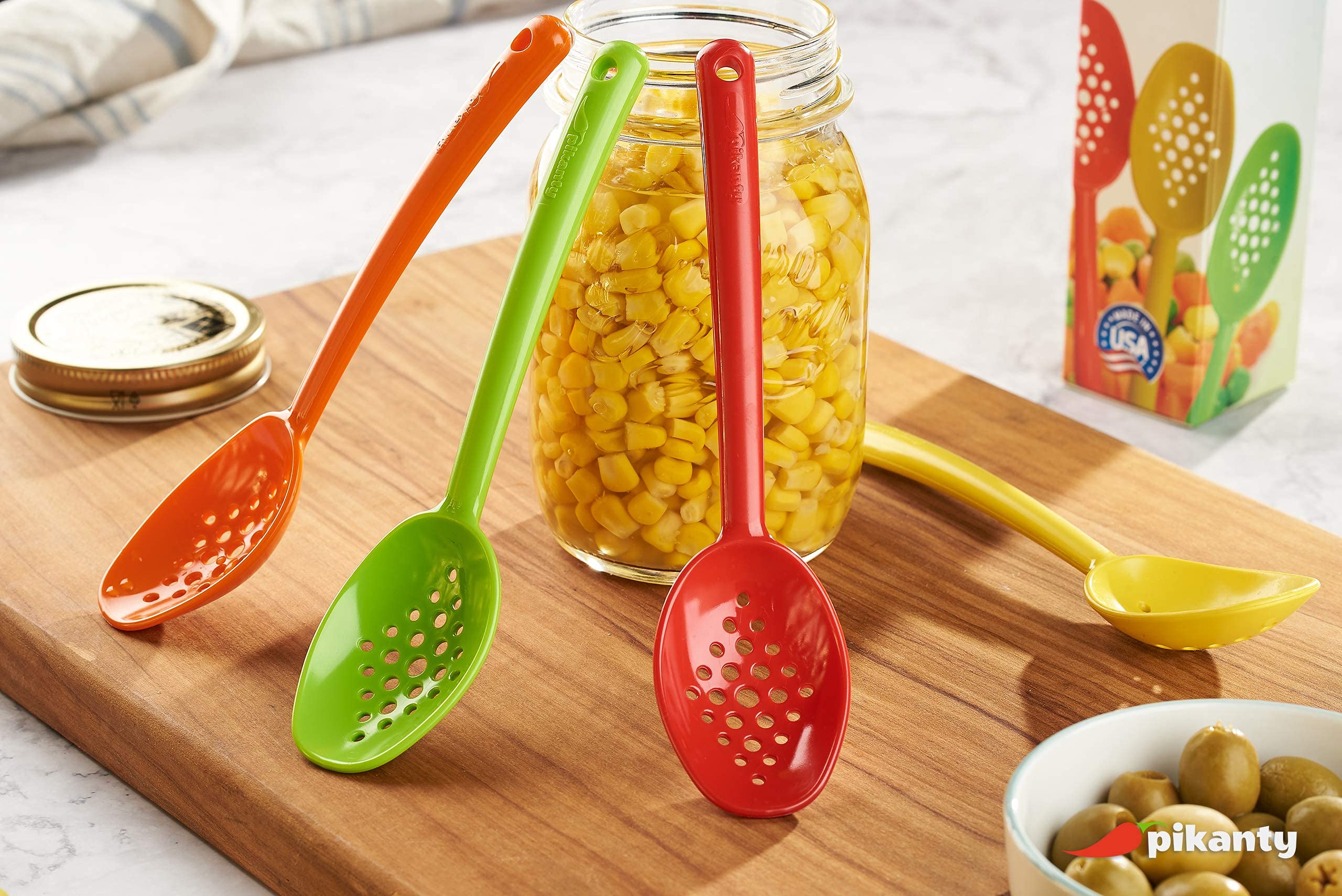 Pikanty - Small 7-Inch Slotted Serving Spoons (Pack of 4) - Perfect for Olives, Pickles & Condiments | Sturdy & Versatile | Made in USA