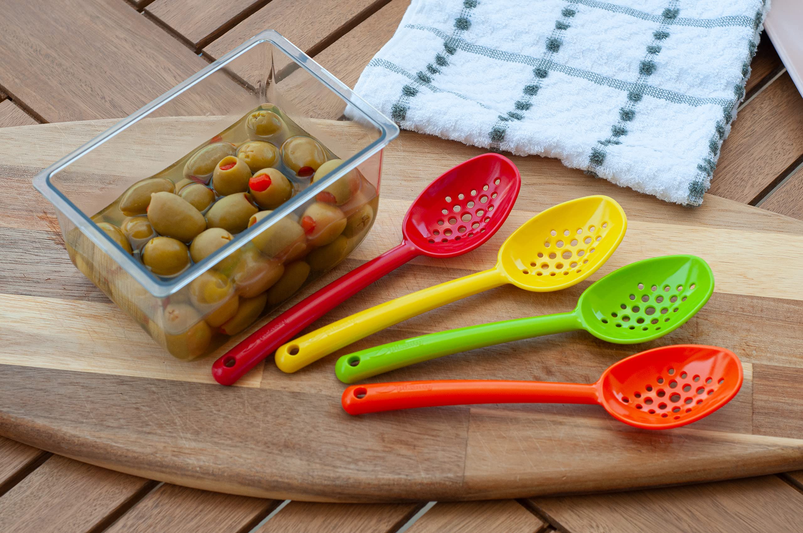 Pikanty - Small 7-Inch Slotted Serving Spoons (Pack of 4) - Perfect for Olives, Pickles & Condiments | Sturdy & Versatile | Made in USA