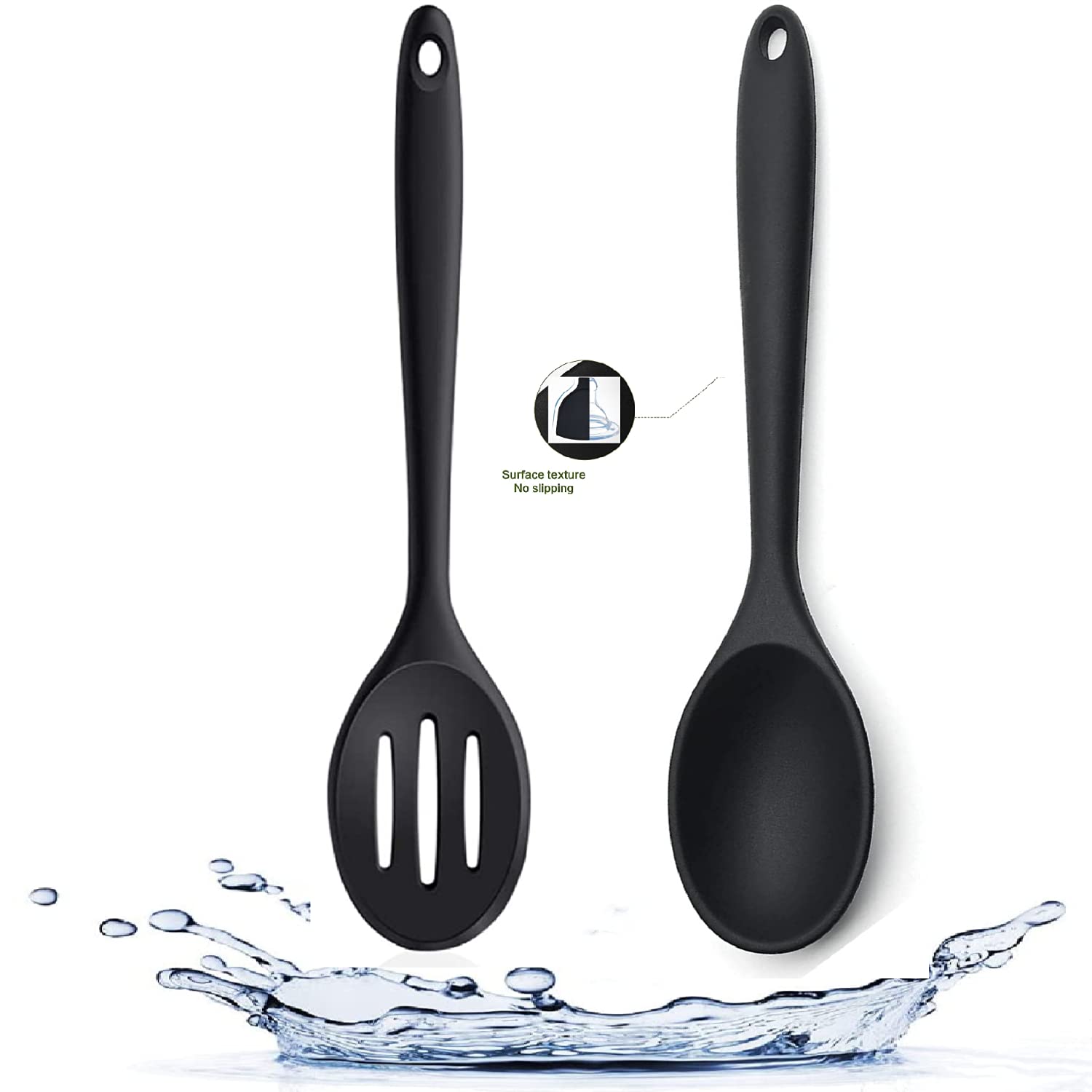 Armrouns Silicone Nonstick Spoons Set, 2PCS Silicone Spoons For Cooking Heat Resistant Cooking Spoons For Mixing, BPA Free Silicone Spoon (Casual Black)