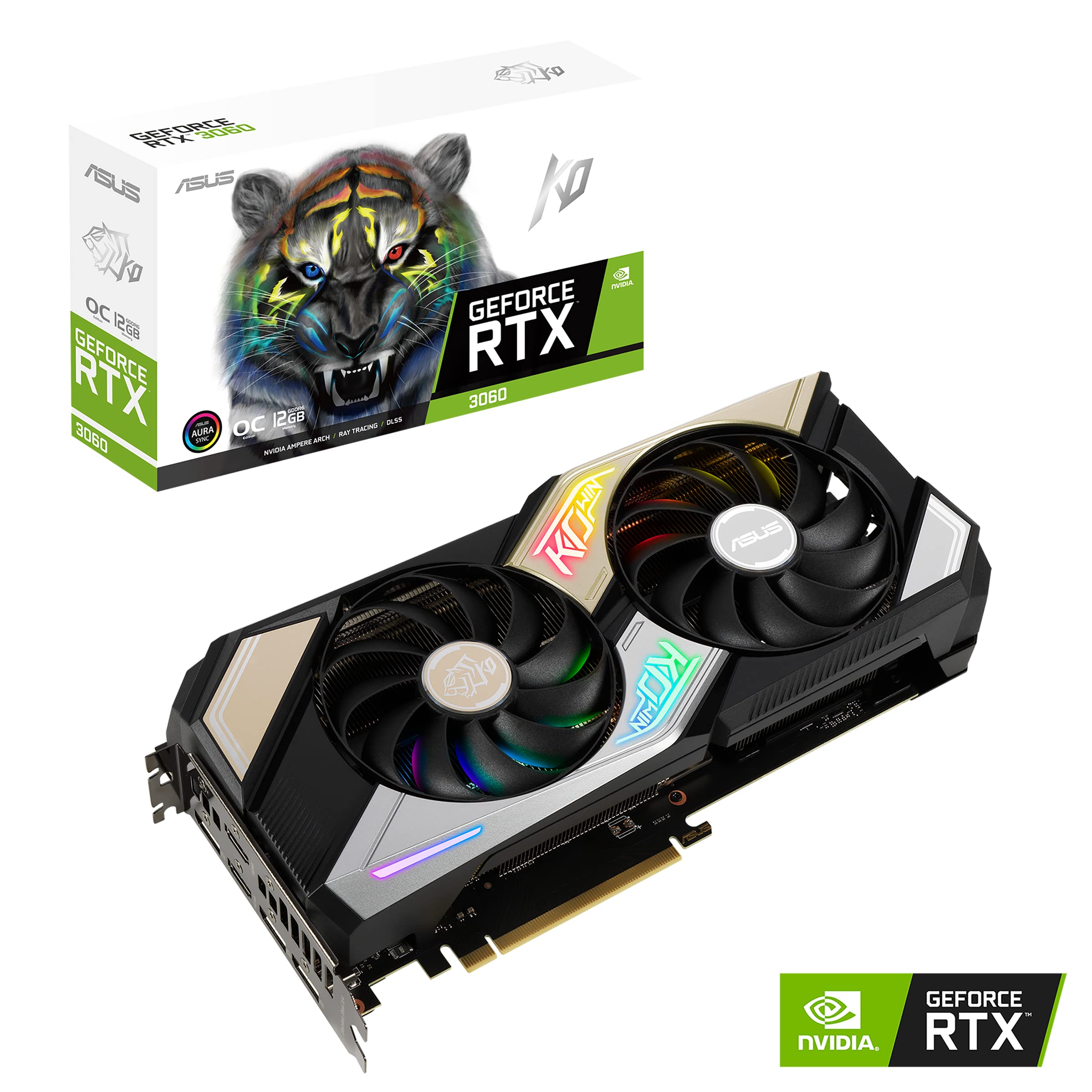 ASUS KO NVIDIA GeForce RTX 3060 V2 OC Edition 12GB GDDR6 Gaming Graphics Card (PCIe 4.0, 12GB GDDR6 memory, LHR, HDMI 2.1, DisplayPort 1.4a, Axial-tech Fan Design, 0dB technology, Enduring capacitors)