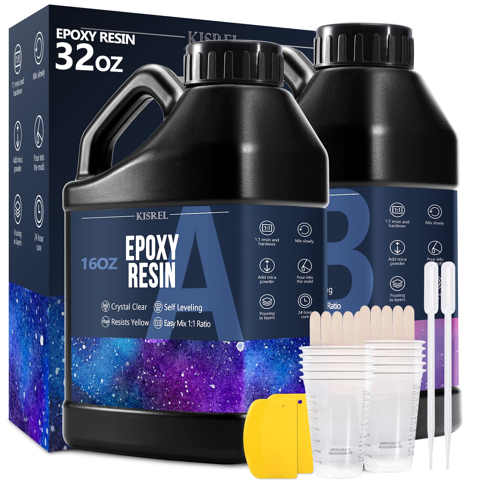 KISREL Epoxy Resin 32OZ - Crystal Clear Epoxy Resin Kit - No Yellowing No Bubble Art Resin Casting Resin for Art Crafts, Jewelry Making, Wood & Resin Molds(16OZ x 2)