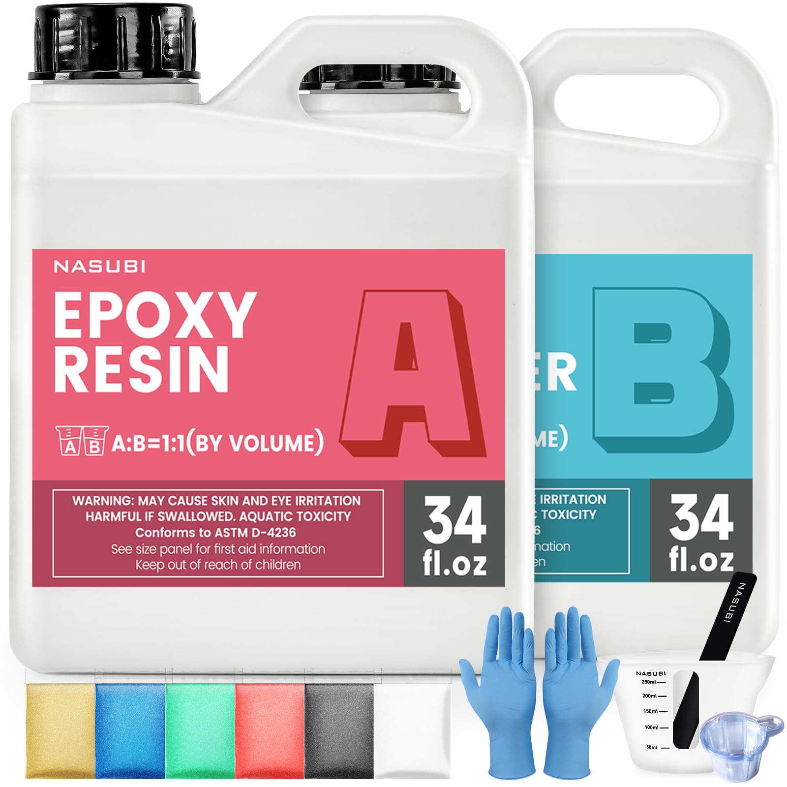 NASUBI Crystal Clear Epoxy Resin Kit - 68OZ Easy to Use Resin for Art, Mold, Wood, Jewelry, NO Bubbles, NO Odor, UV Resistant, 2 Part Casting Coating Resin Kit with Silicone Cups, Sticks, Pigment