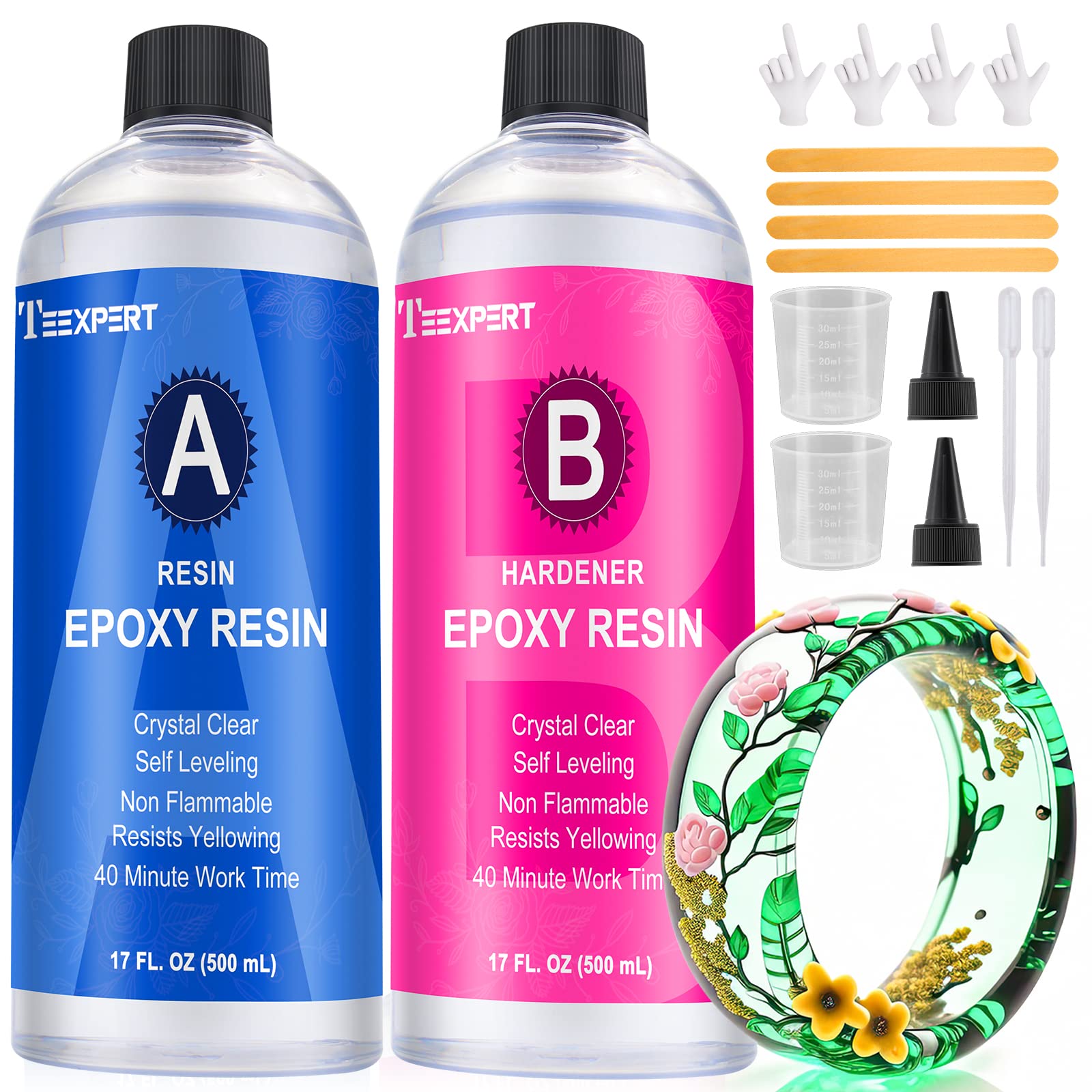 Teexpert Epoxy Resin Crystal Clear: 34oz Epoxy Resin kit 3X Yellowing Resistant Fast Curing for Casting Coating Art DIY Craft Jewelry Wood Table - 2 Part(17oz Resin and 17oz Hardener)