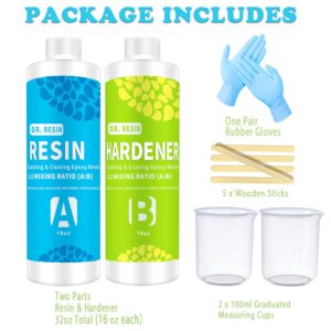 DR. RESIN Clear Epoxy Resin Kit 2 Part Art Resin 32 oz Crystal Countertop Epoxy Kit with Measuring Cups Sticks Spreader Gloves