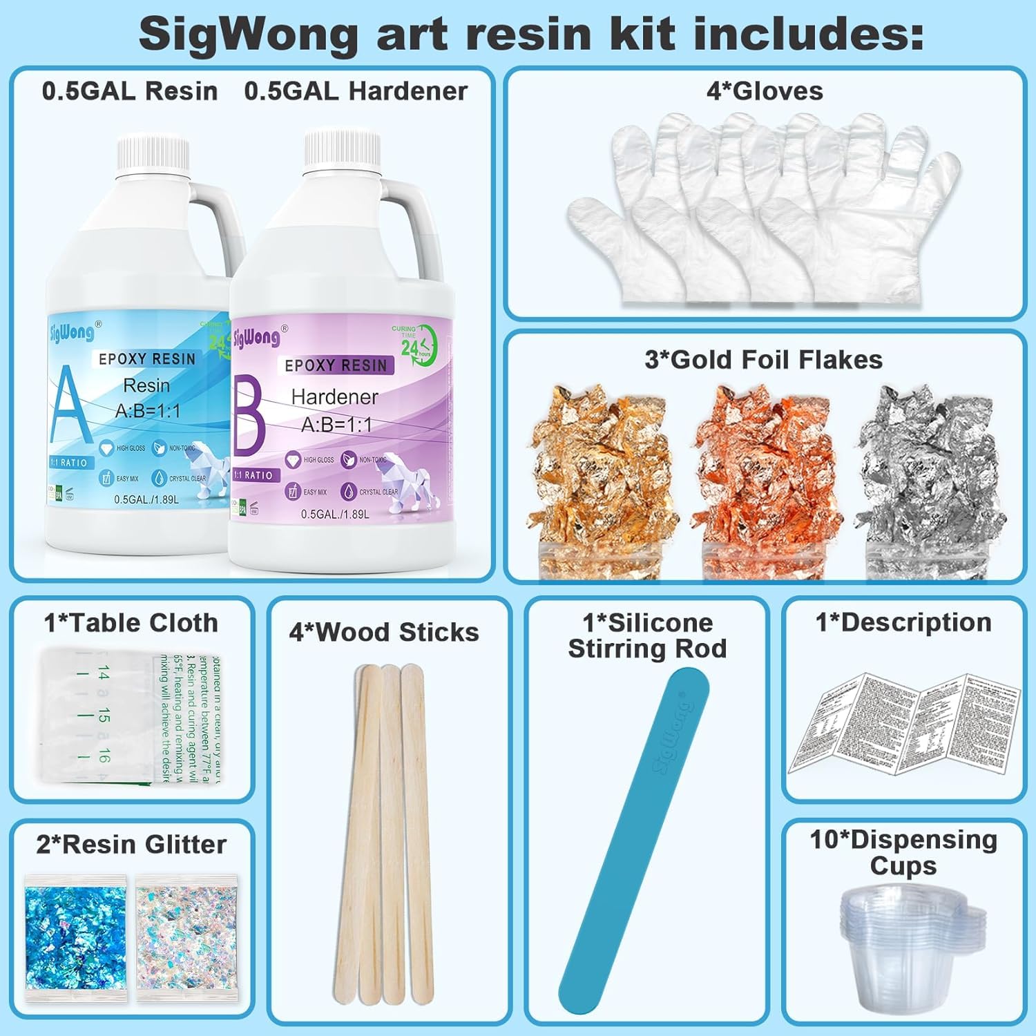 Epoxy Resin - 1 Gallon Crystal Clear Coating Kit, Not Yellowing No Bubble Easy Mix 1:1 Ratio, 2 Part Casting Resin for Art, Craft, Jewelry Making, River Tables, with Gold Foil Flakes, Glitter Flakes