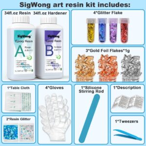 Epoxy Resin - 68OZ Crystal Clear Epoxy Resin Kit, No Yellowing No Bubble Easy Mix 1:1 Ratio, 2 Part Casting Resin for Art, Craft, Jewelry Making, River Tables, with Gold Foil Flakes, Glitter Flakes