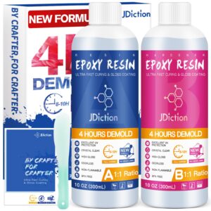 jdiction fast curing epoxy resin, 4 hours demold upgrade formula, fast curing and bubbless epoxy resin, crystal clear epoxy resin kit self leveling and easy mix for art, craft, jewelry- 20oz