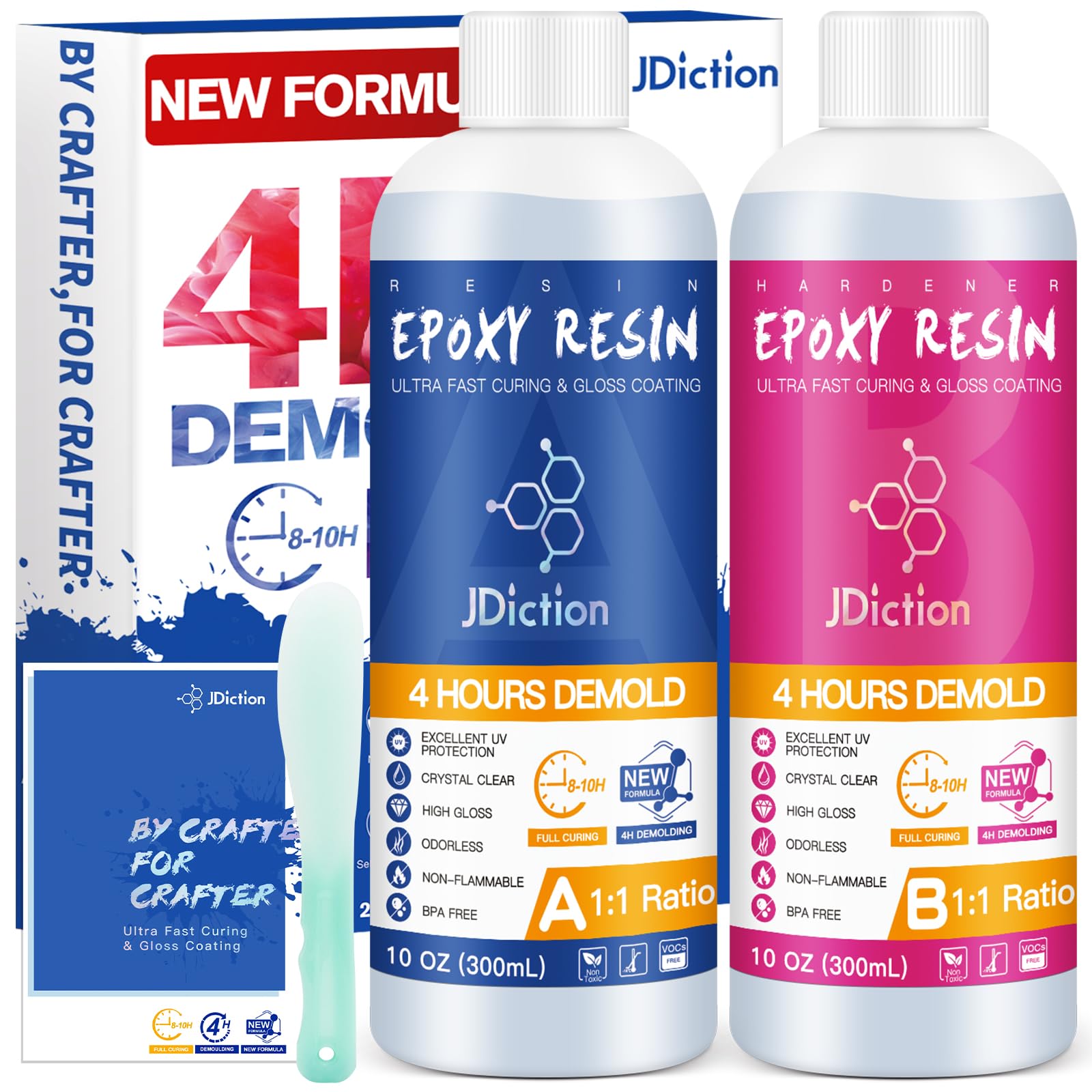 JDiction Fast Curing Epoxy Resin, 4 Hours Demold Upgrade Formula, Fast Curing and Bubbless Epoxy Resin, Crystal Clear Epoxy Resin Kit Self Leveling and Easy Mix for Art, Craft, Jewelry- 20OZ