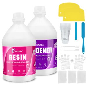 demorex 1 gallon crystal clear epoxy resin kit, high gloss & bubbles free resin supplies for art coating and casting, craft diy, wood, tabletop, bar top, molds, river tables with cups, sticks, gloves