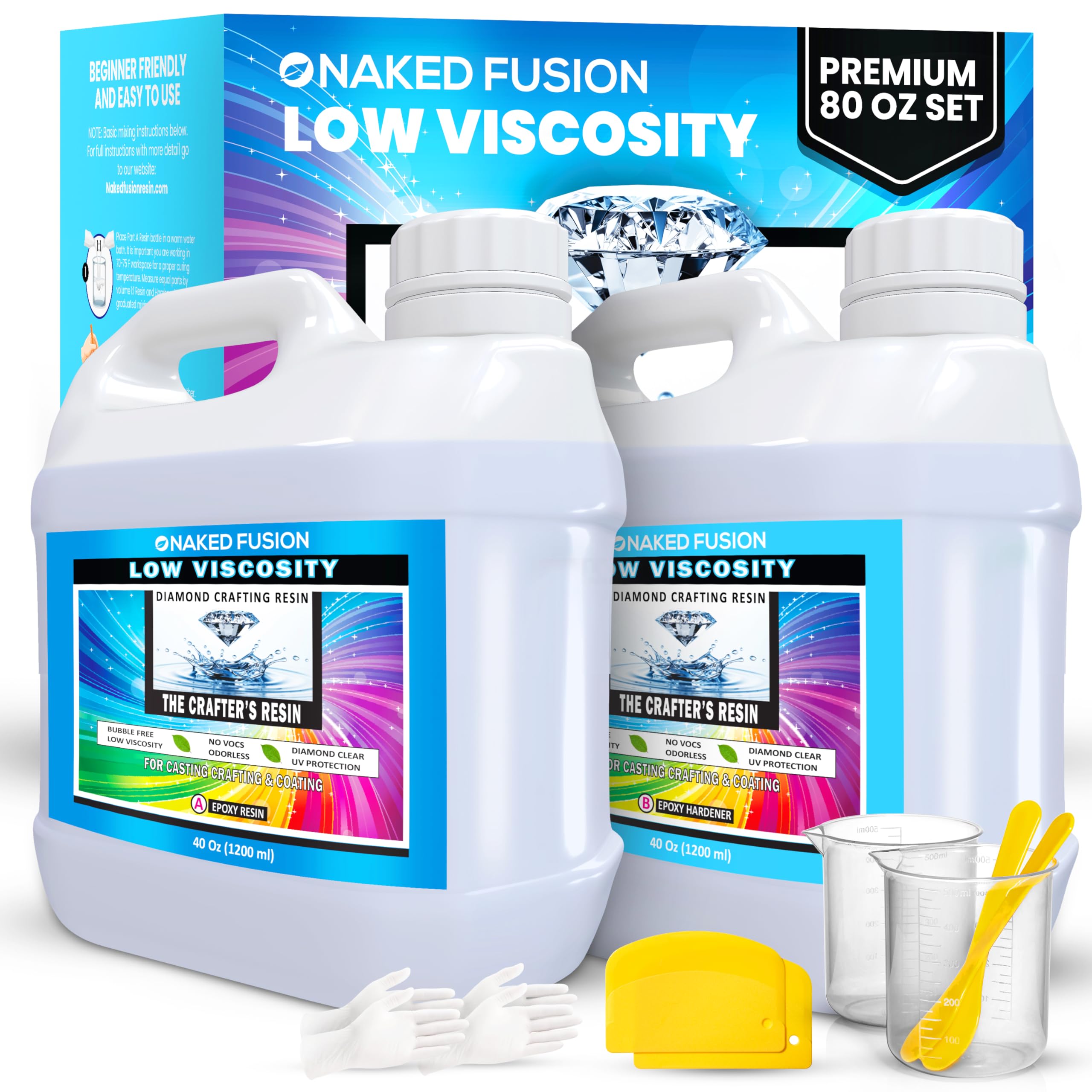 NAKED FUSION - Epoxy Resin 80 OZ KIT- Craft Art Resin -The CRAFTERS RESIN Crystal Clear Casting, Silicone Molds, Flowers, DIY, Art, Wood, River Table, Countertop, Food Safe, Non-Toxic- Heat Resistant